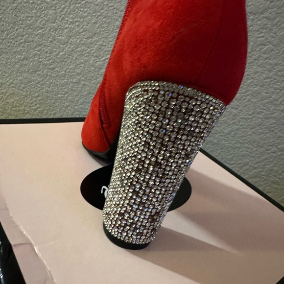 Red Suede Ankle Boots with Rhinestone Heels - Picture 5 of 5
